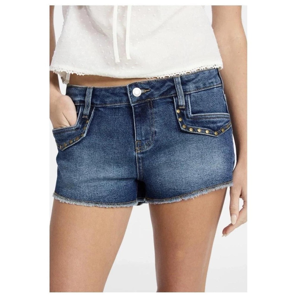 No Boundaries Women's Denim Shorts Size 00 | Blue Mid Rise Studded 5-Pock00